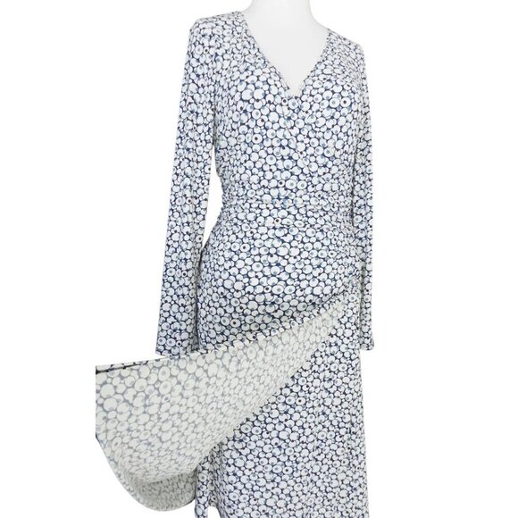 Max Studio MSSP‎ Wrap Dress Long Sleeve Jersey Med V Neck Ruch Waist Blue White - Picture 3 of 12